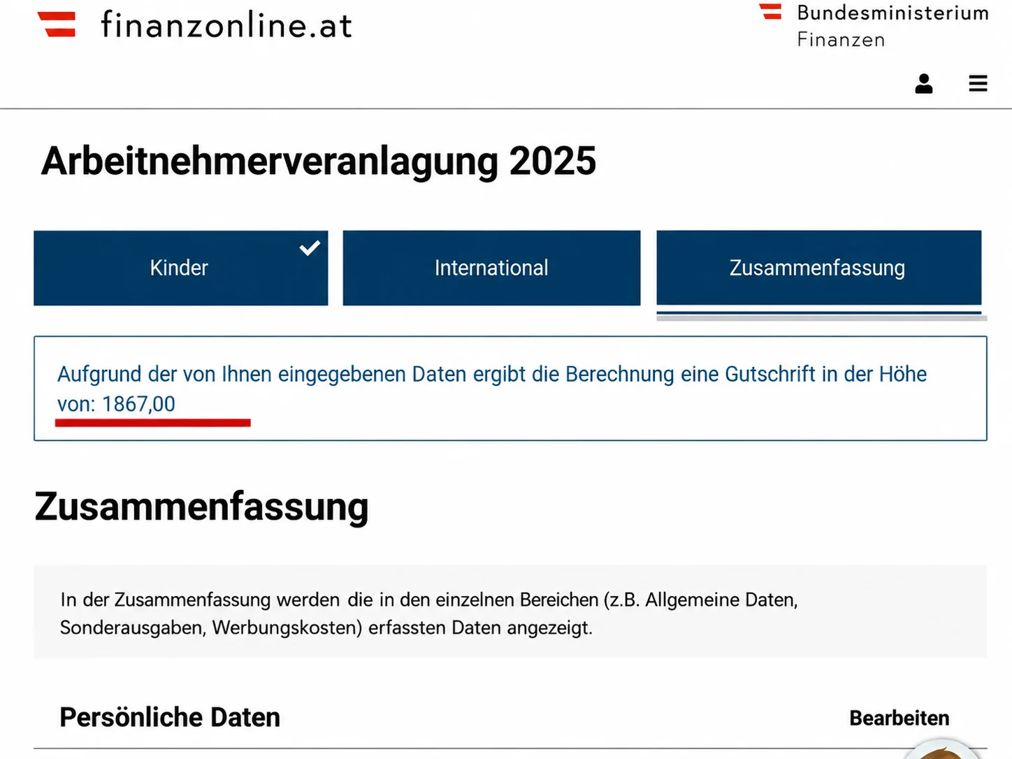 Beispiel 2 mit Gutschrift 1.867,00 €