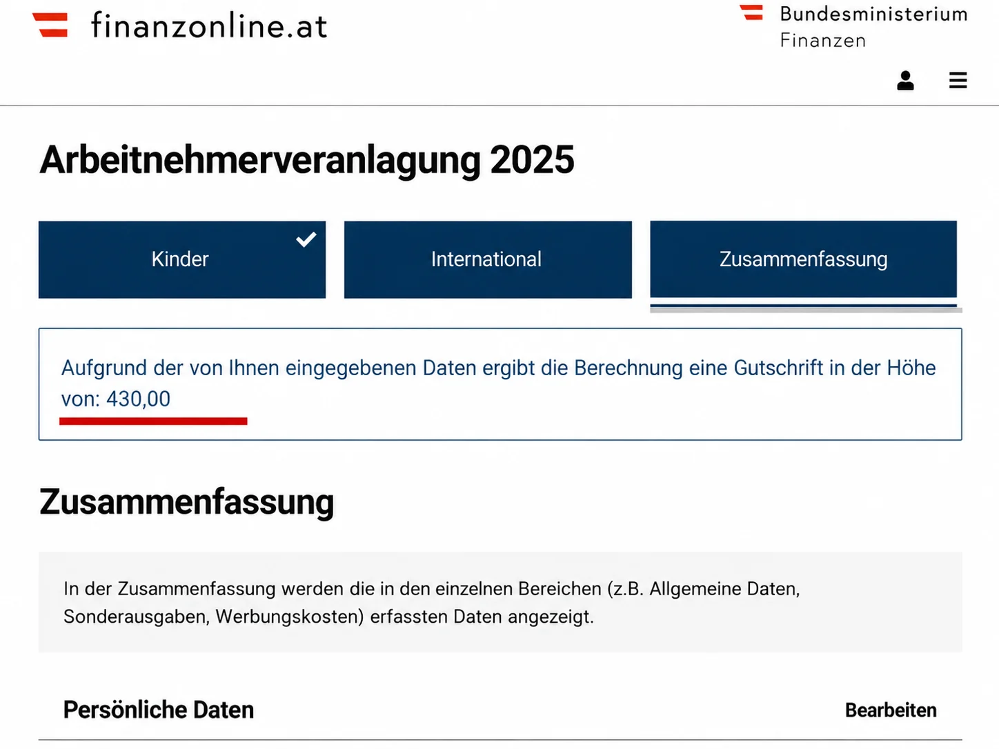 Beispiel 1 mit Gutschrift 430,00 €