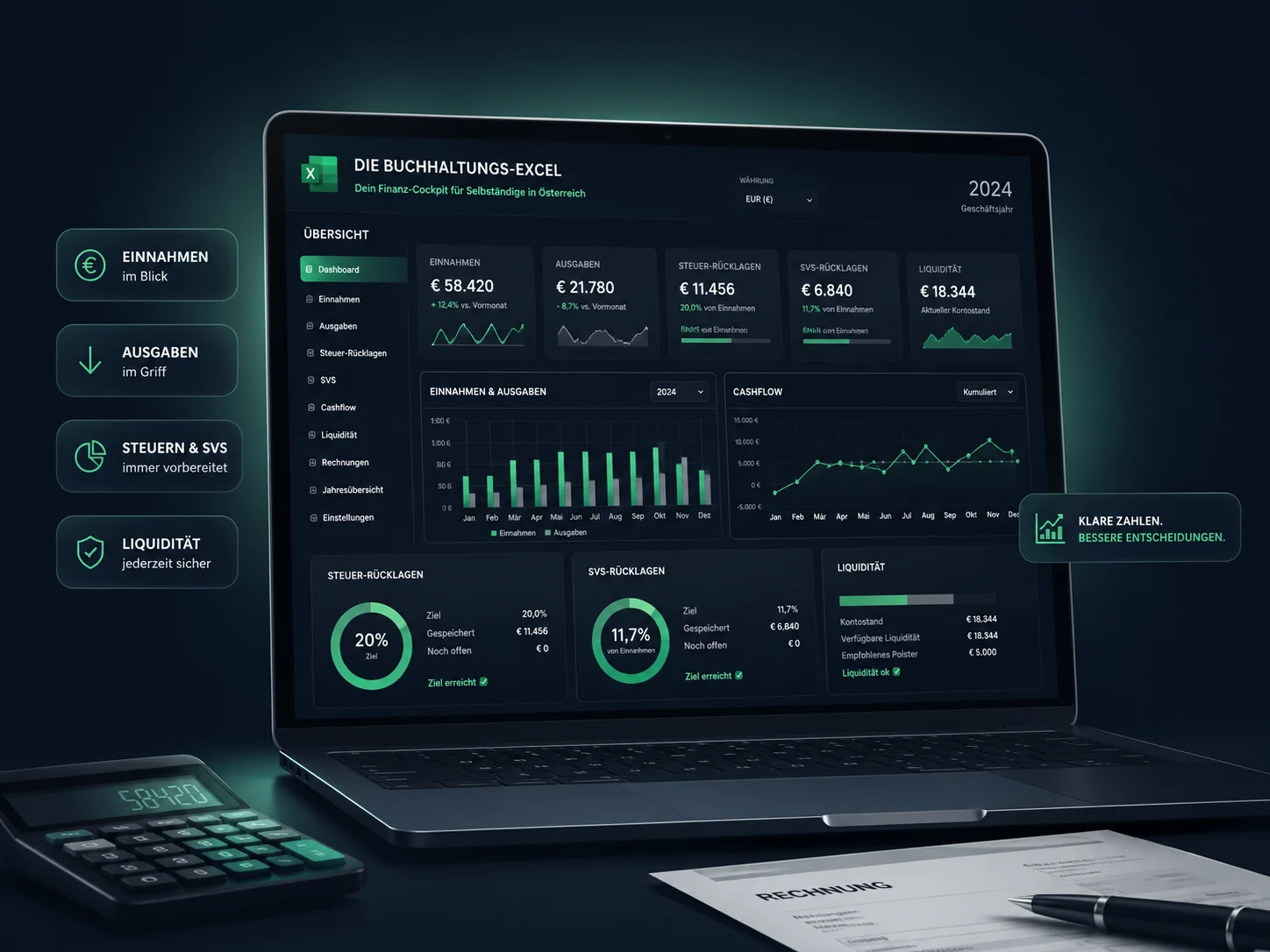 Excel-Cockpit für Einnahmen, Ausgaben, UVA und Rücklagen