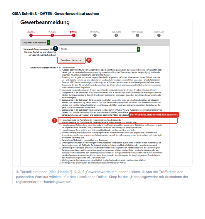 Screenshot-Anleitung für die Gewerbeanmeldung in GISA