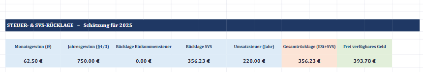 Dashboard mit Steuer- und SVS-Rücklage
