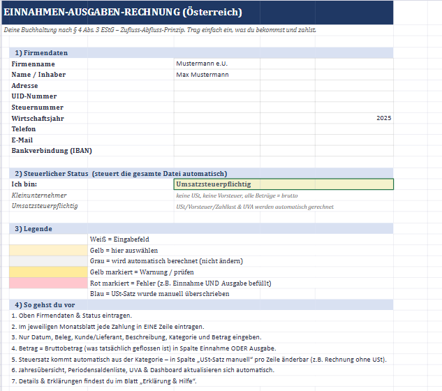Startseite der Excel mit Firmendaten und Steuerstatus